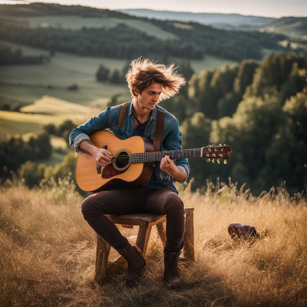A young troubadour playing guitar in a rustic countryside setting.