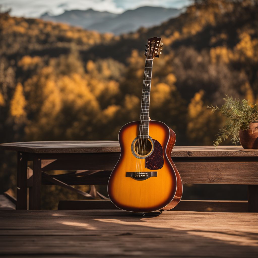 A guitar on a rustic stage surrounded by scenic landscapes.