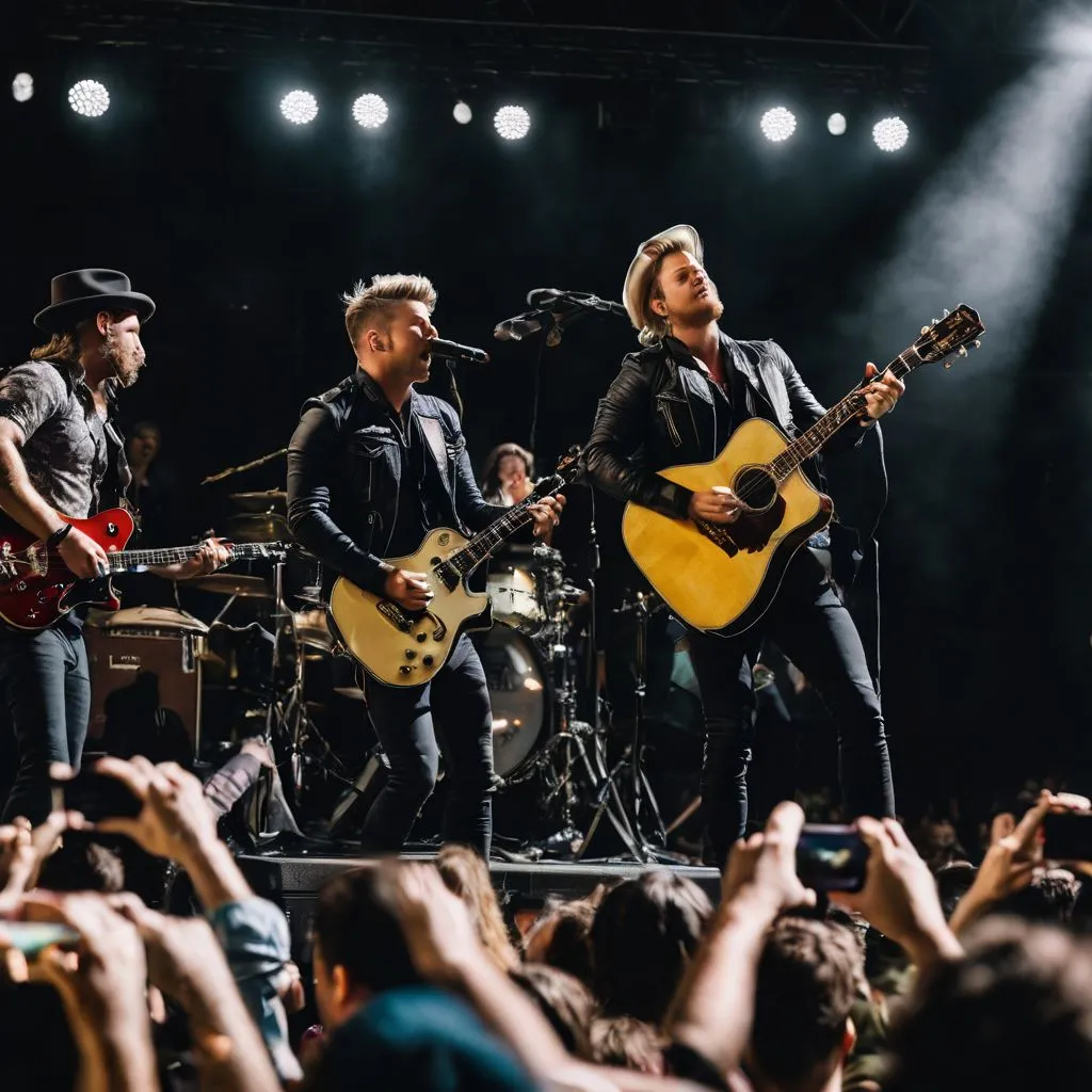 Needtobreathe band members performing live on stage with enthusiastic fans.