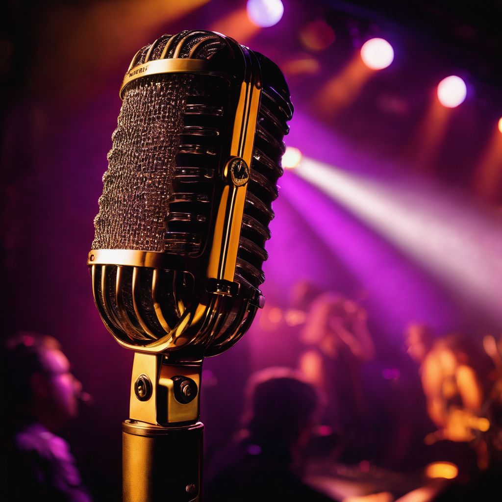 A photo of vintage microphone and stage lights at a concert.