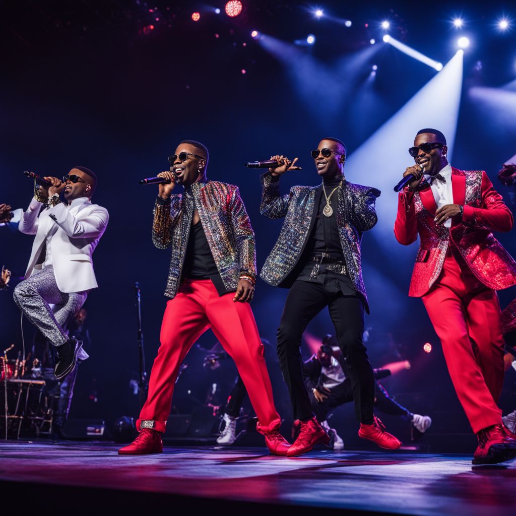 Members of New Edition performing a vibrant concert on a grand stage.