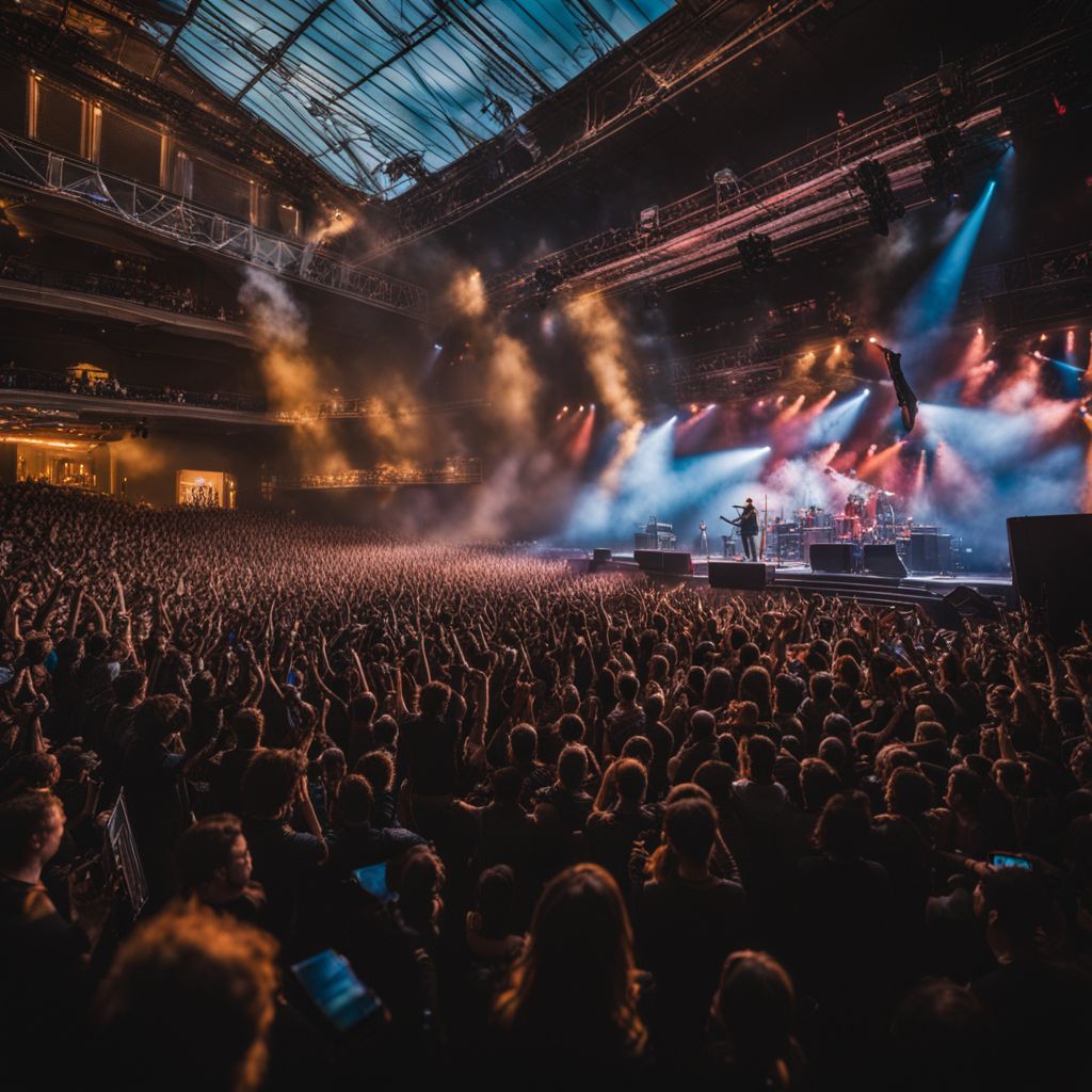 A crowded concert venue with cheering crowds and diverse audience.