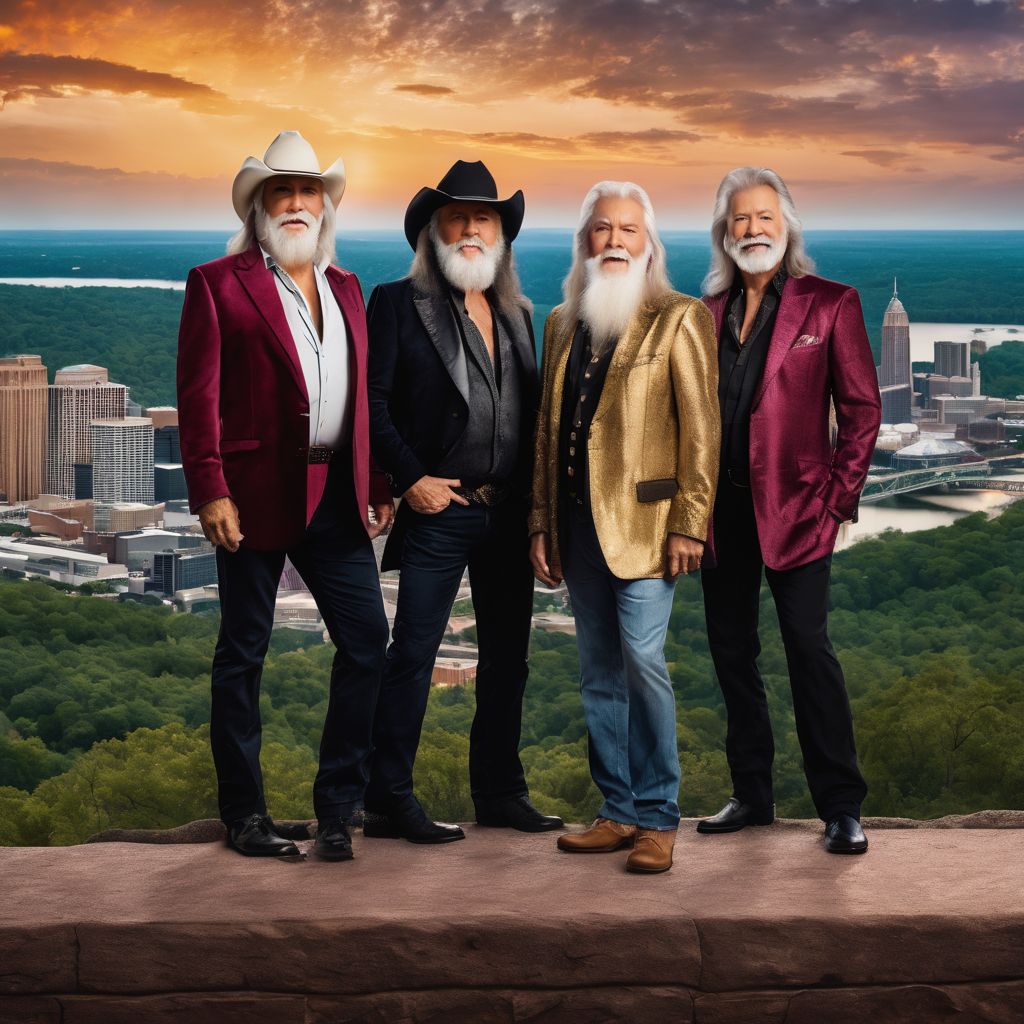 A tour poster of The Oak Ridge Boys against a backdrop of iconic American music landmarks.