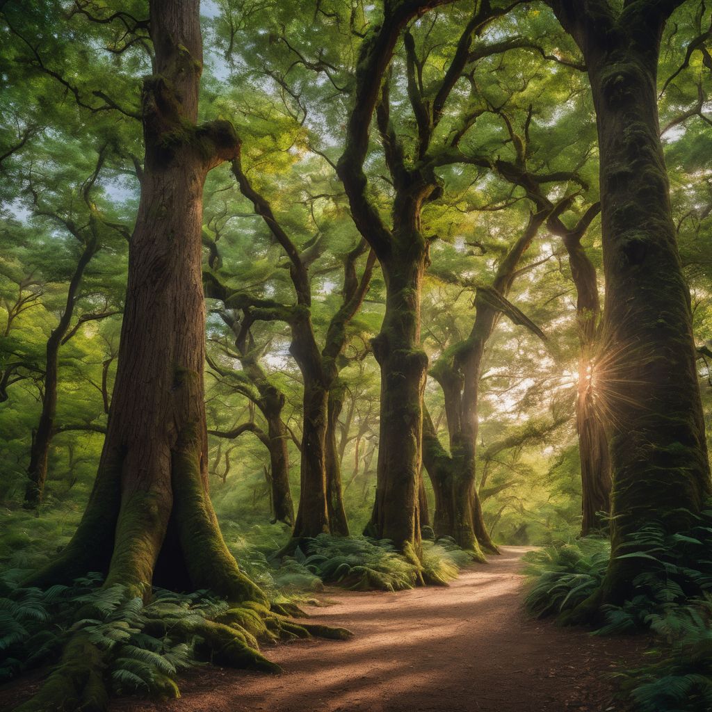 A group of towering oak trees in a lush forest.