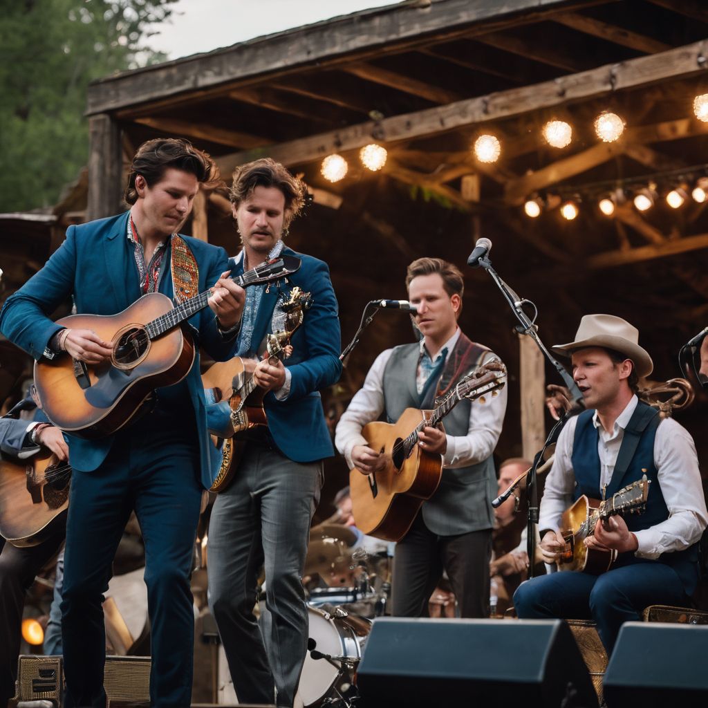 Members of Old Crow Medicine Show performing on an outdoor stage with their instruments.