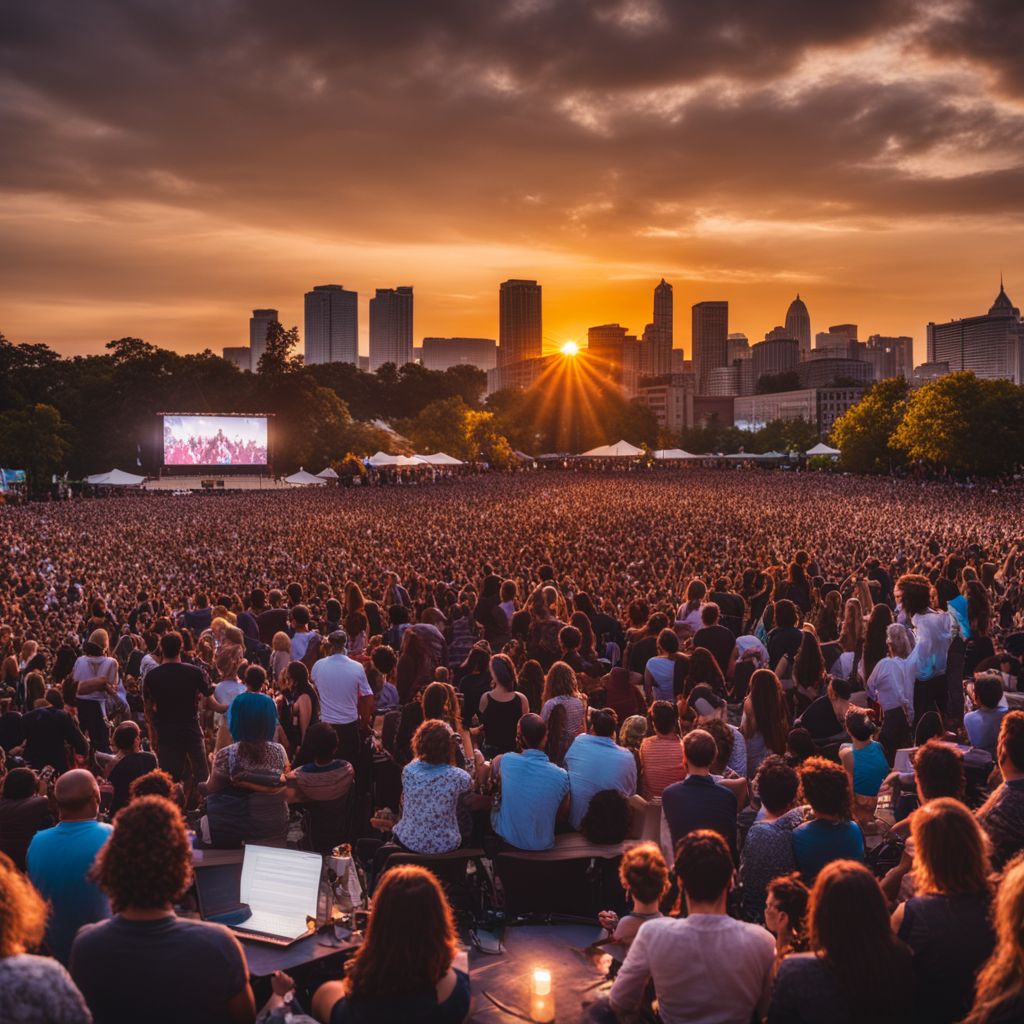 A diverse crowd enjoys an outdoor concert at sunset.