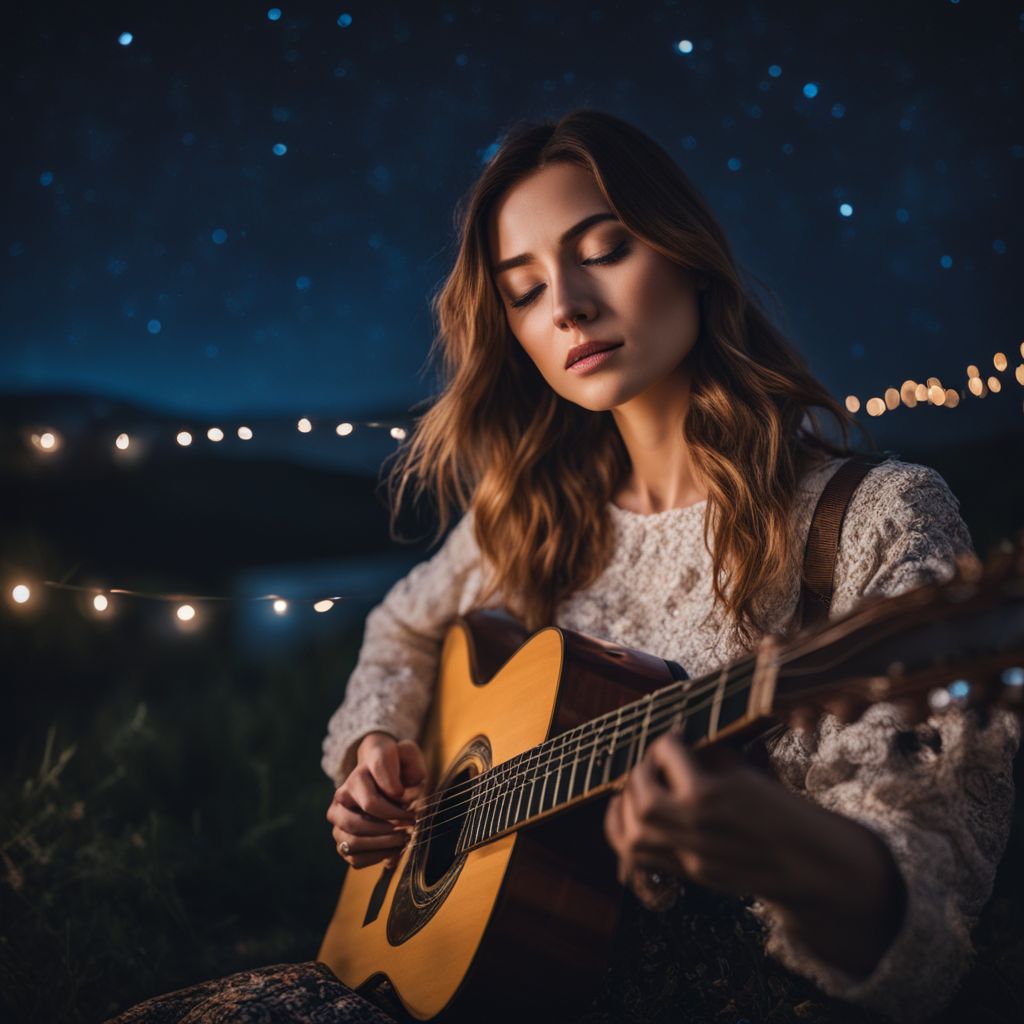 A young woman playing the guitar under a starry night sky.