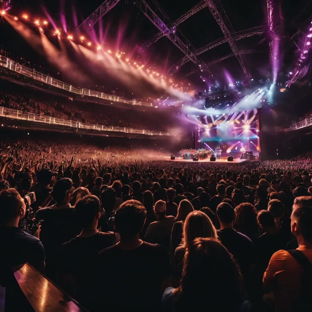 A dynamic concert stage with a diverse crowd, captured in high resolution.
