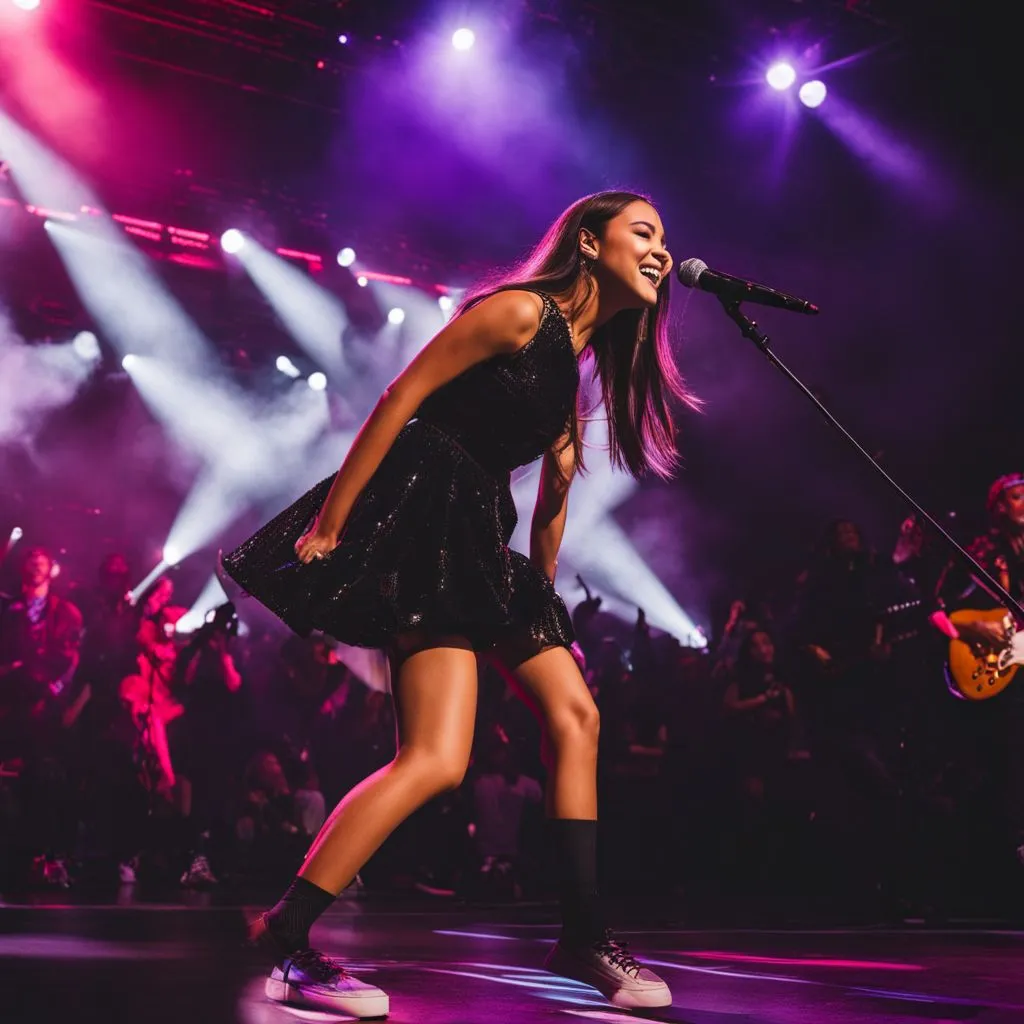 Olivia Rodrigo performing on grand stage amidst fans' outstretched arms.