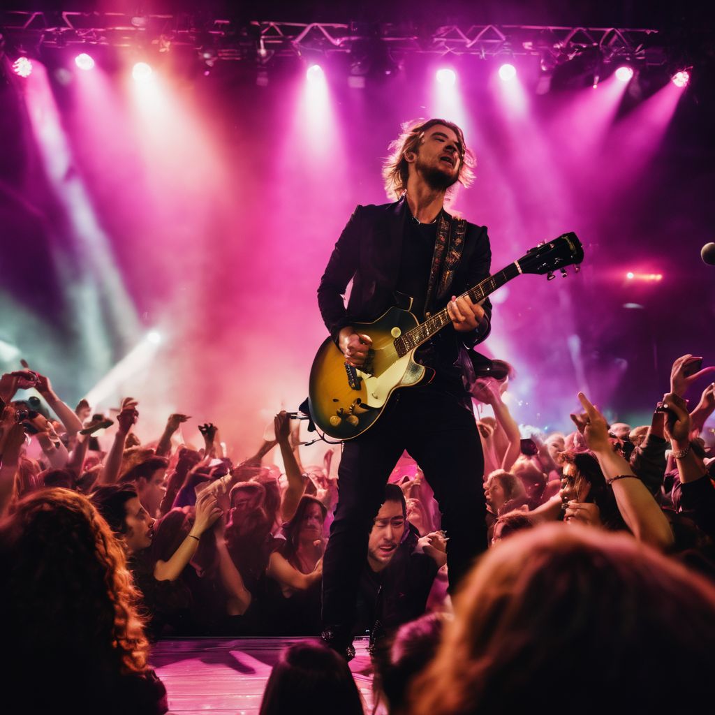 A lively concert scene with Petey performing surrounded by enthusiastic fans.