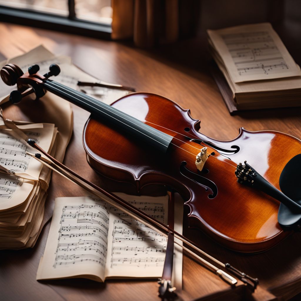 A violin surrounded by music sheets in a bustling atmosphere.