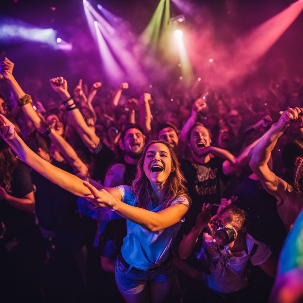 A lively crowd cheering at a Petey concert captured in high-resolution photography.