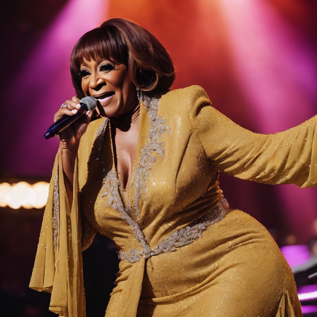 Patti LaBelle performing on stage at a vibrant concert with a lively crowd.