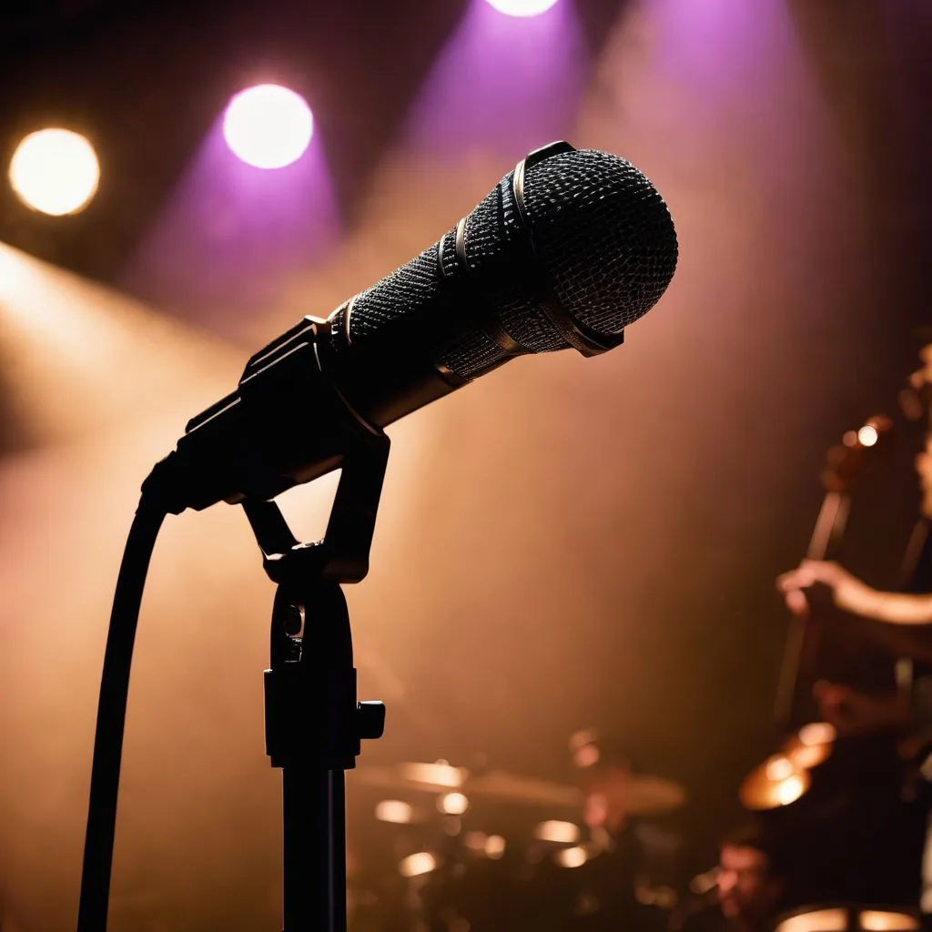 A silhouetted microphone on a stage with instruments and a bustling atmosphere.