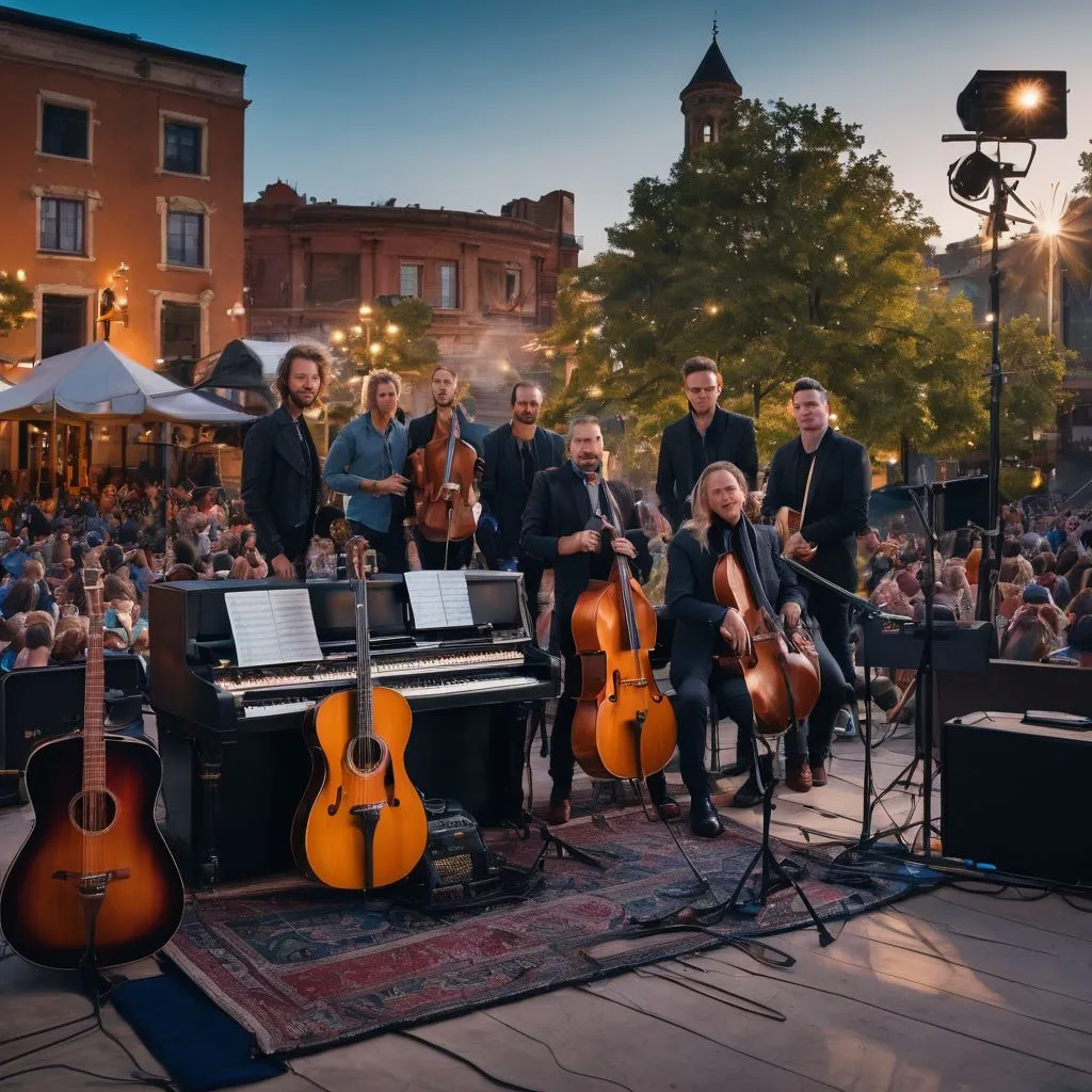 A group of diverse musical instruments on a concert stage with cityscape background.