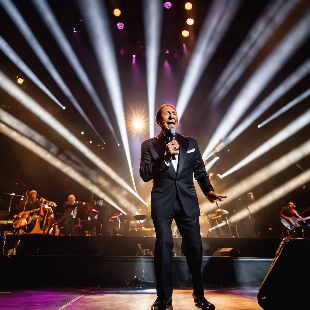 Paul Anka performing to a sold-out crowd in a bustling atmosphere.