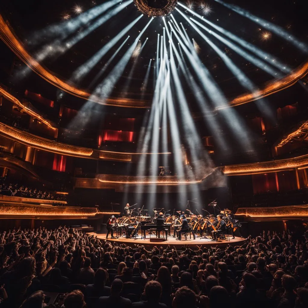 A vibrant concert hall with a diverse audience and musical instruments.