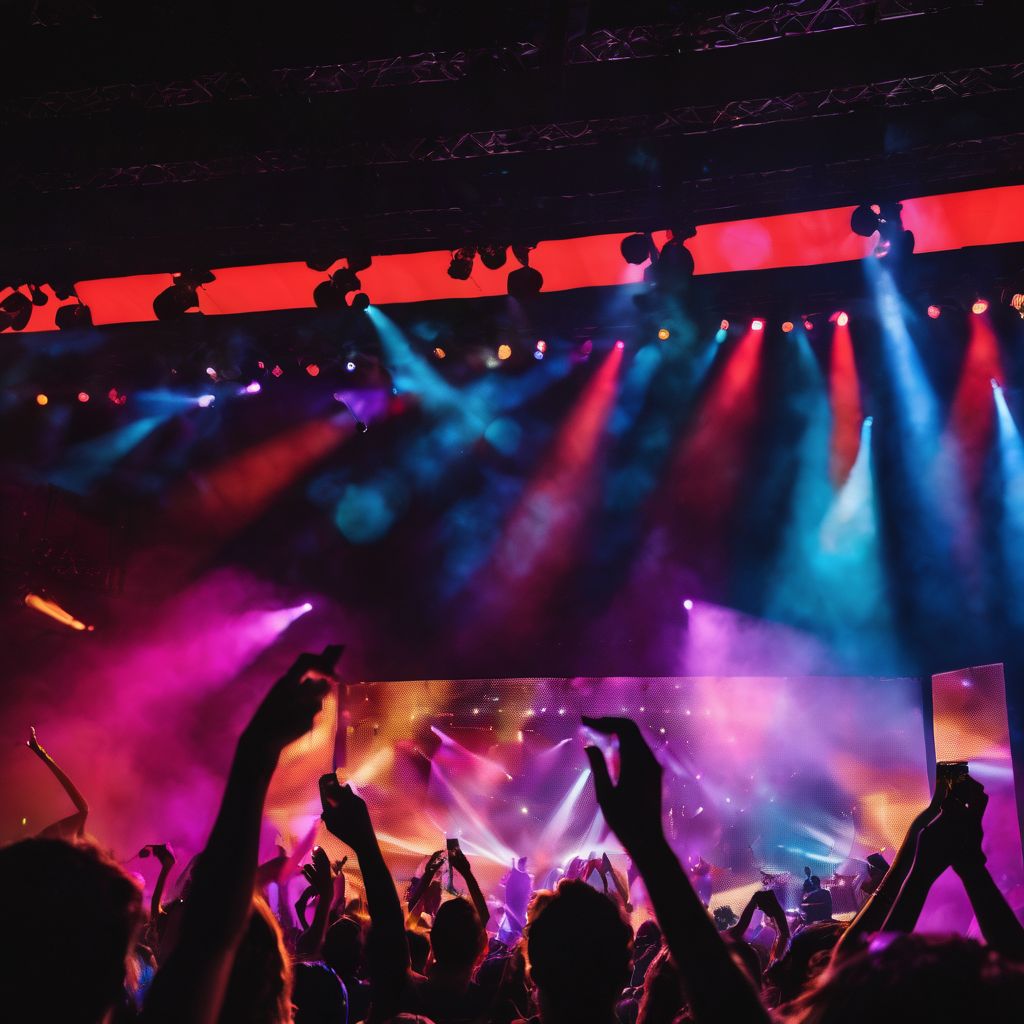 Concertgoers dancing under colorful stage lights in a well-lit atmosphere.