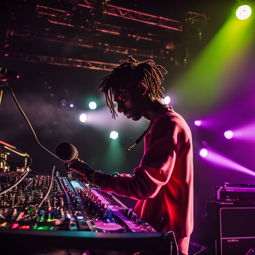 Playboi Carti's stage equipment and diverse crowd at concert.