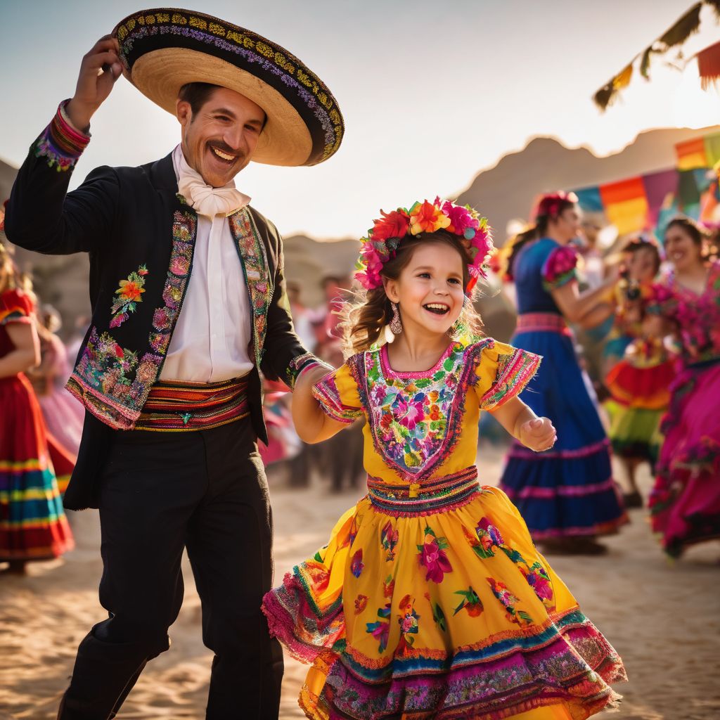 A family in traditional Mexican attire joyfully dancing at an outdoor fiesta.