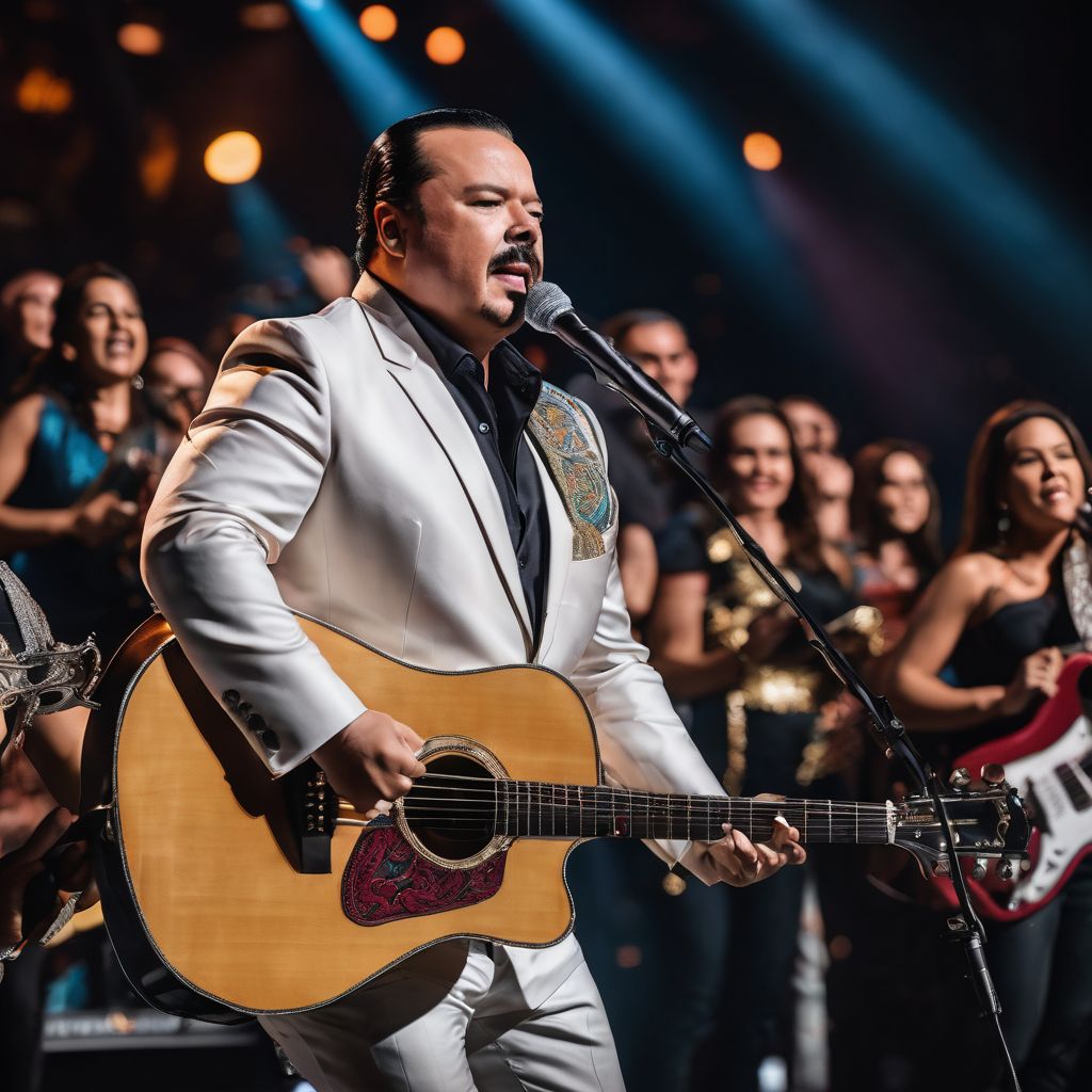 Pepe Aguilar passionately performing with his family on a grand stage.