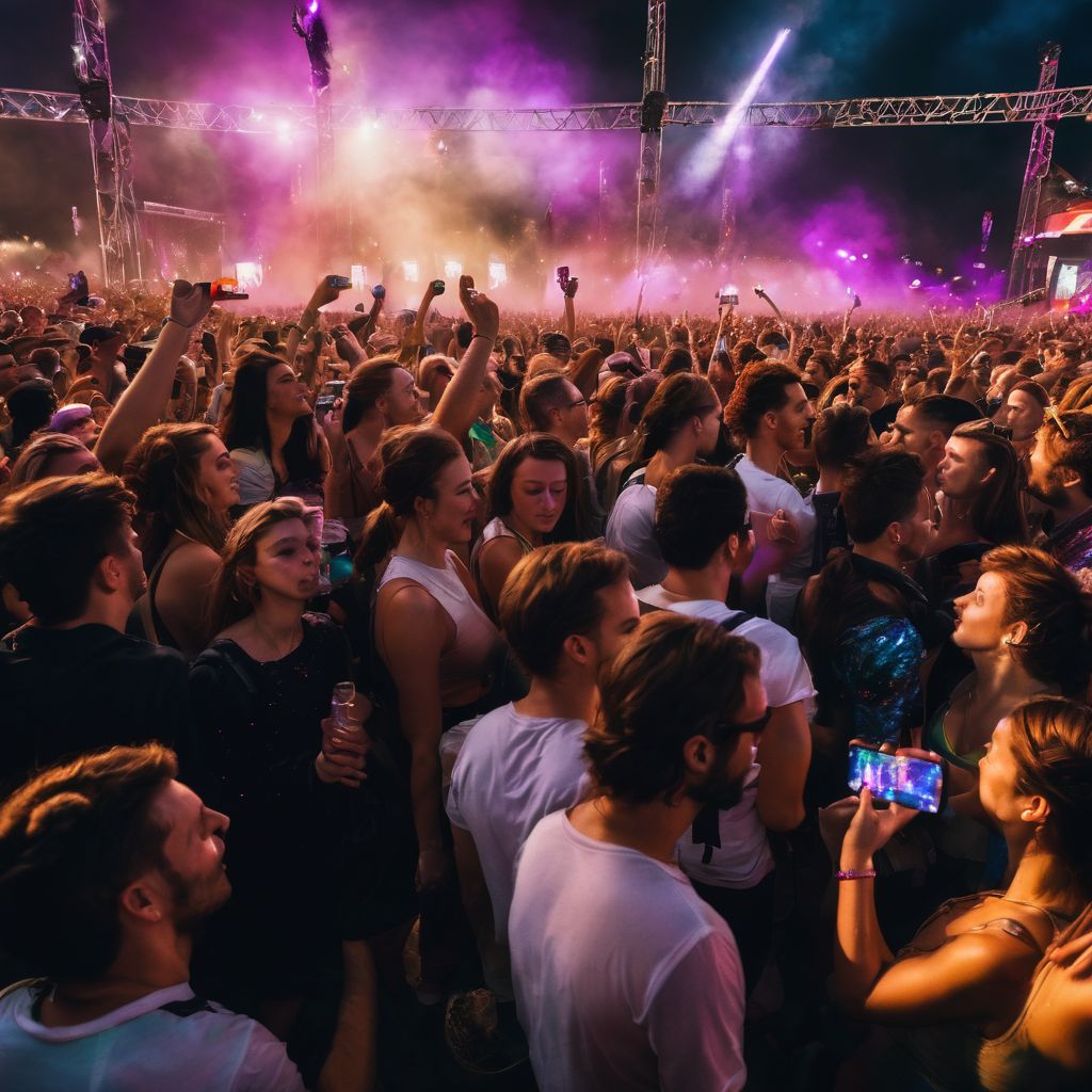 A vibrant crowd enjoying a music festival in colorful stage lights.