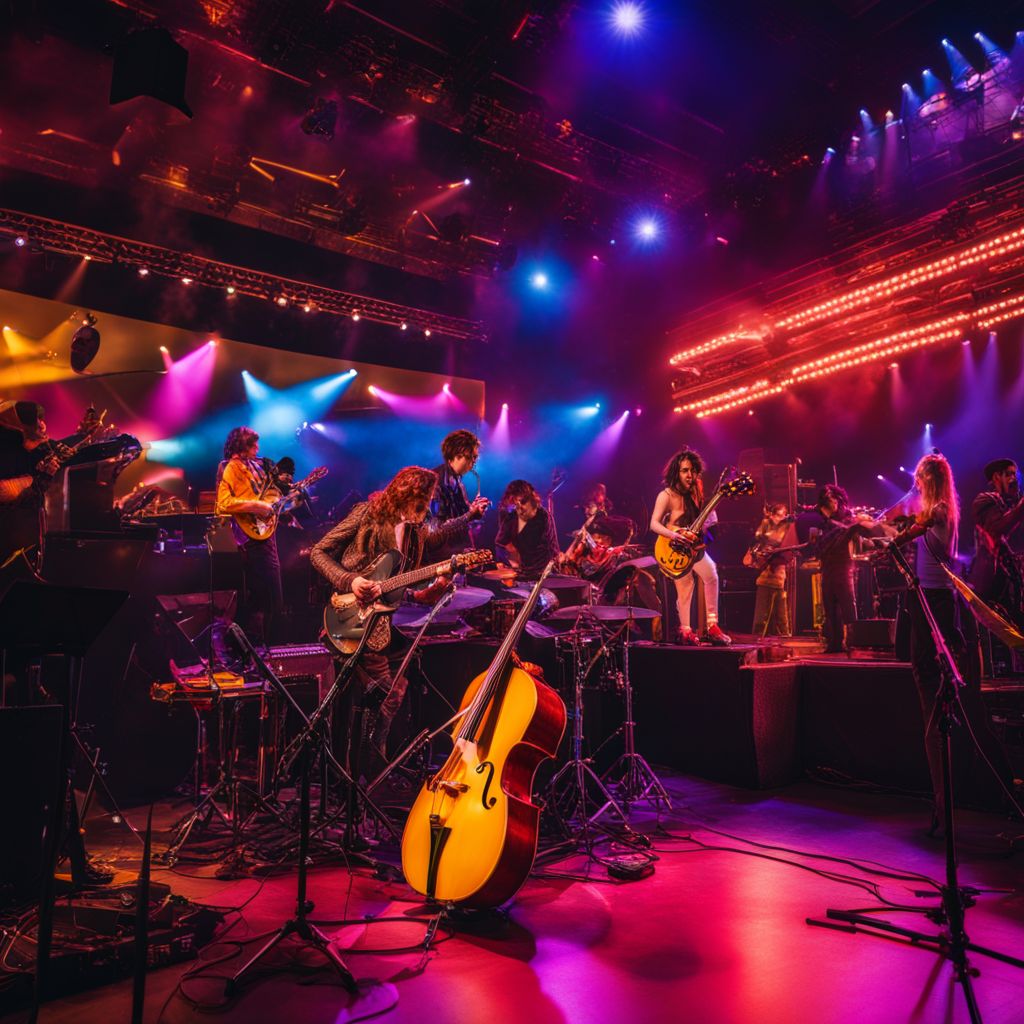 A vibrant and energetic musical stage set with diverse performers and instruments.