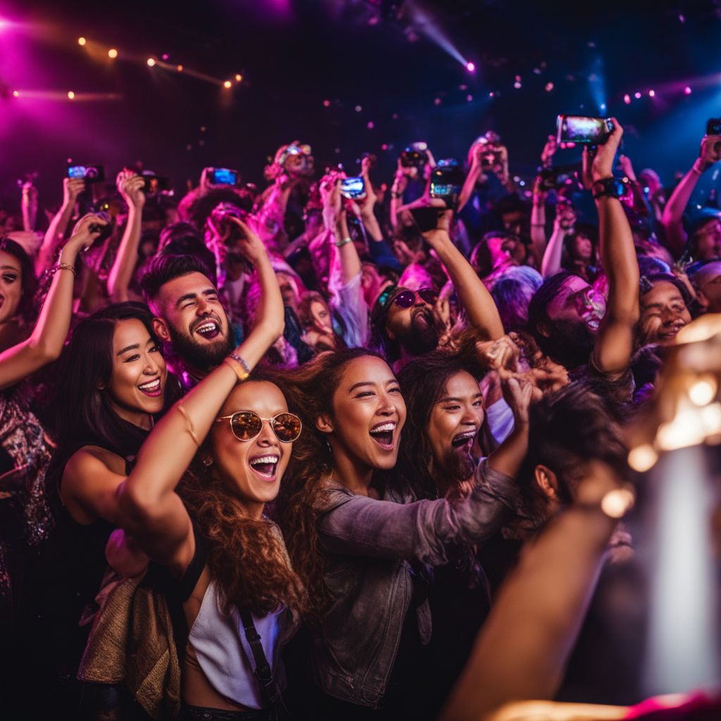 A crowd of enthusiastic fans enjoying a Petey concert in a bustling atmosphere.
