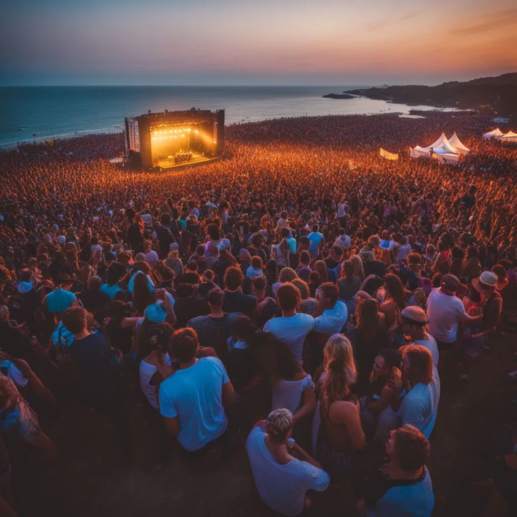 A bustling music festival crowd near the beach stage at sunset.