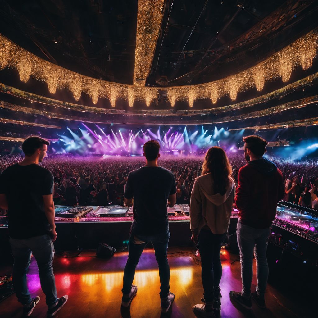 A group of enthusiastic fans gathering at a concert venue.