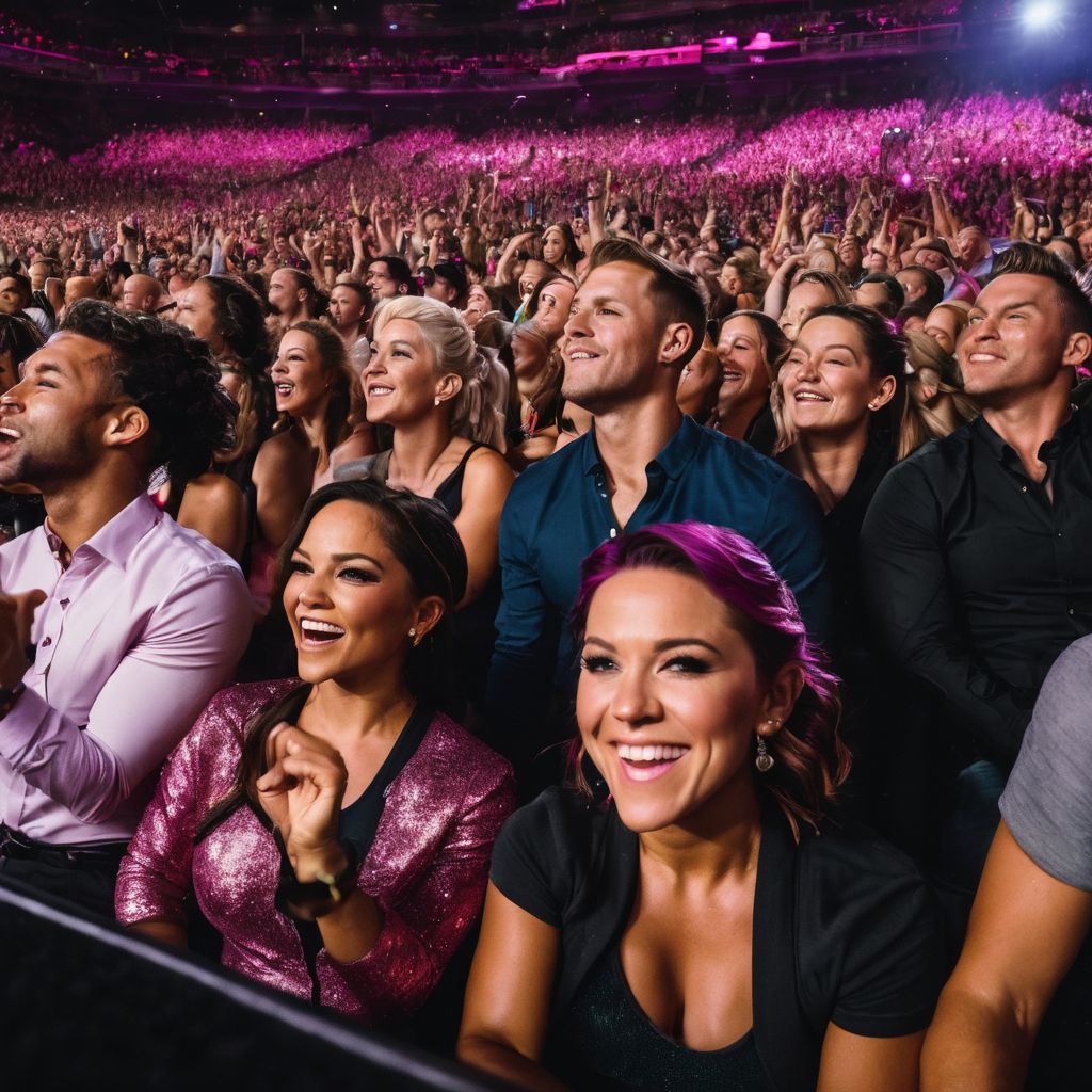The energetic crowd cheers from the front row at a P!nk concert.