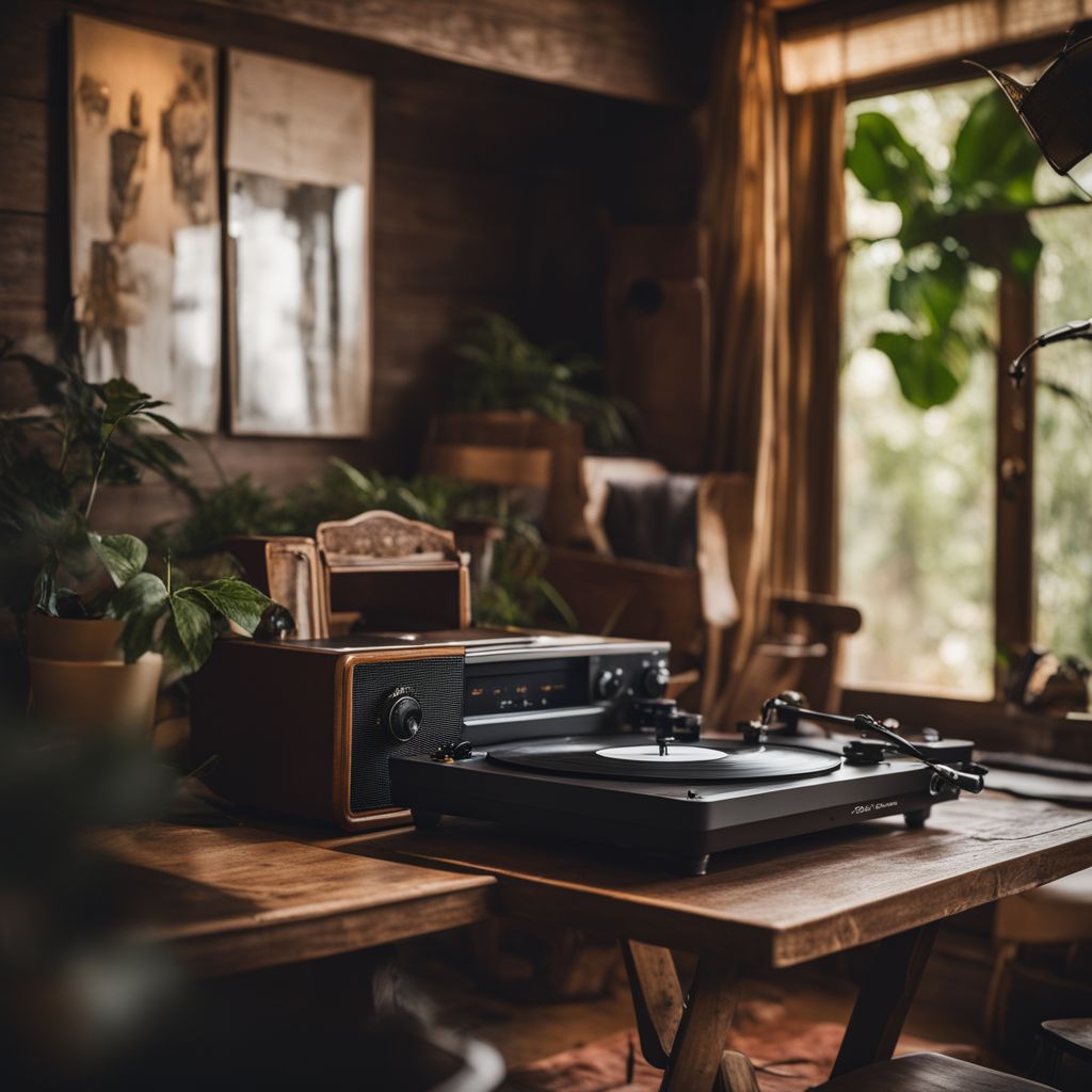 A vintage record player in a cozy, rustic room.