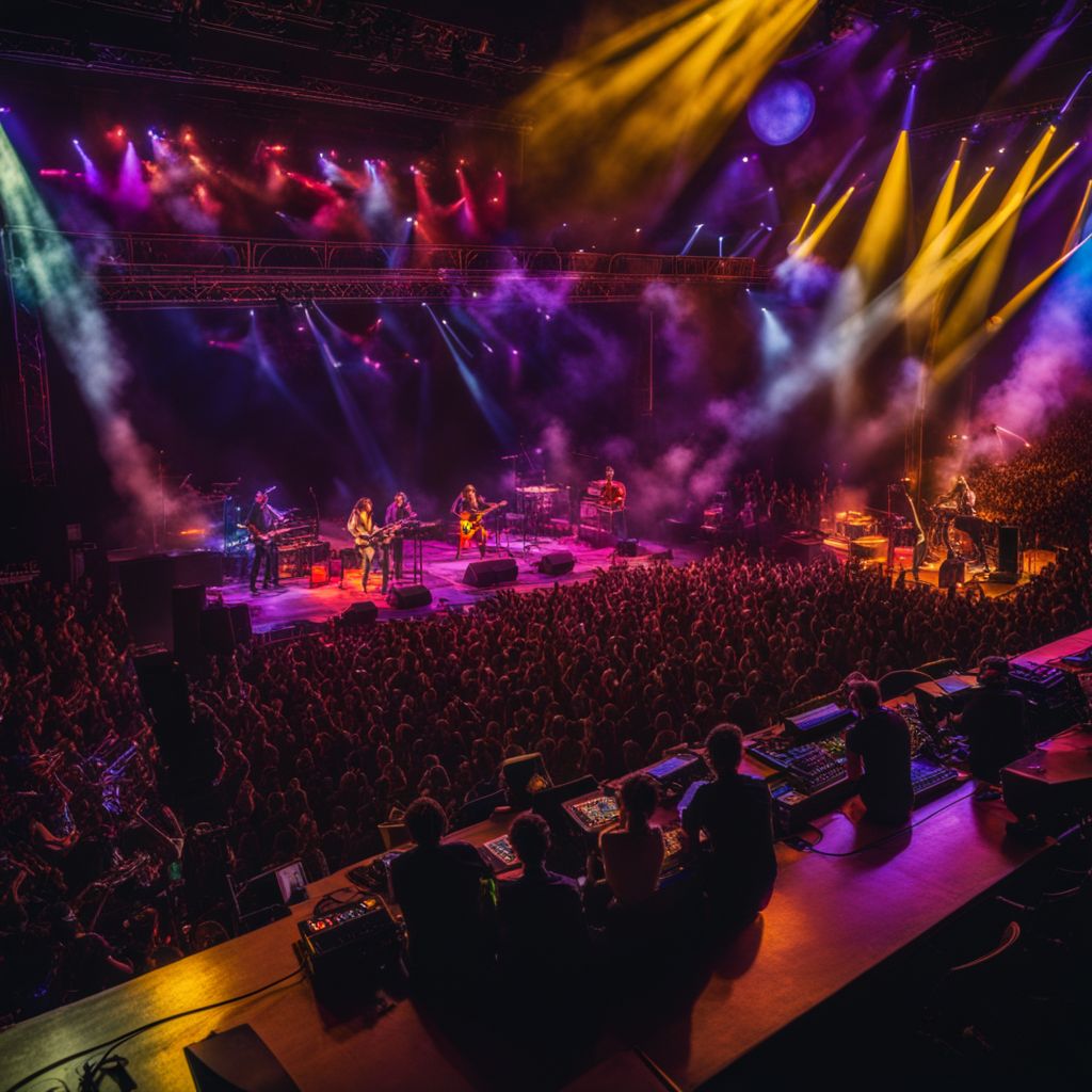 A lively concert stage filled with colorful lighting, musical instruments, and diverse audience.