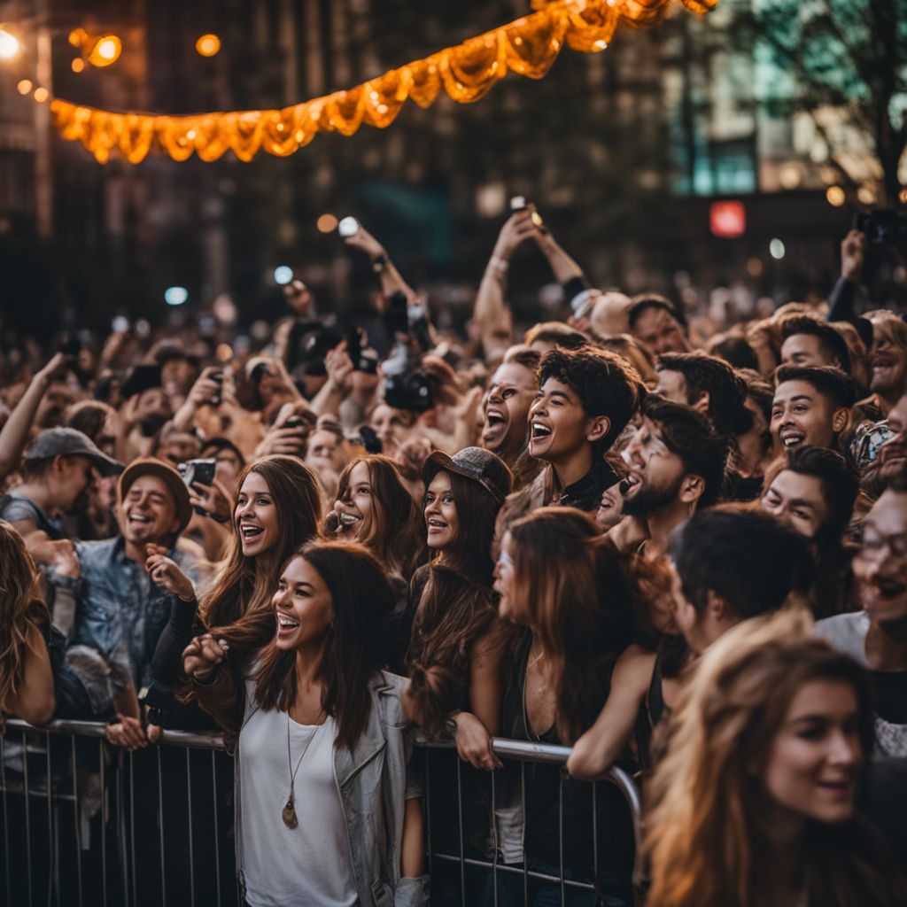 A crowd of diverse fans excitedly waiting outside a concert venue.