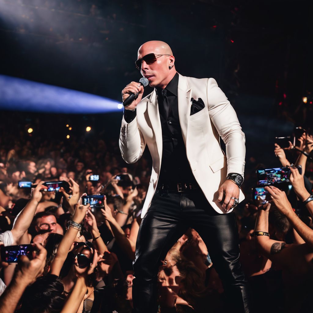 Pitbull hypes up a diverse crowd at a concert.