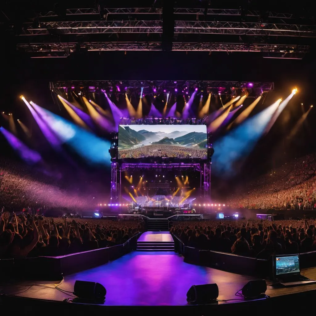 A vibrant Pitbull concert stage with a pulsating crowd.