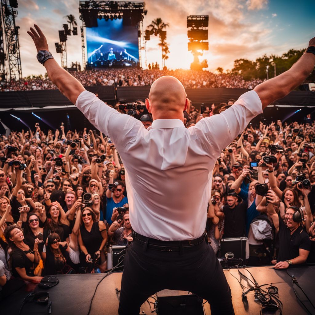 A lively music festival crowd enjoying Pitbull's performance with vibrant energy.