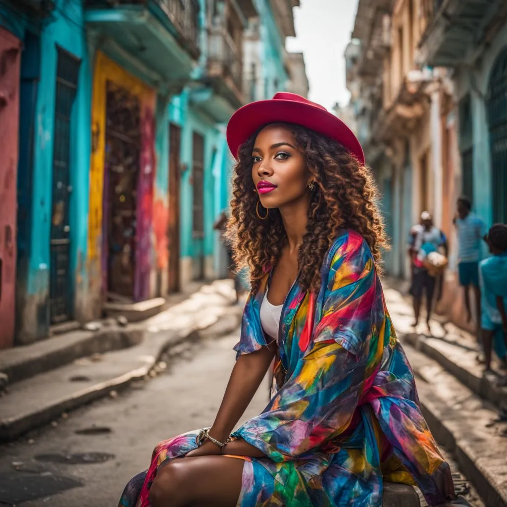 A vibrant Cuban street scene with music-themed graffiti and bustling atmosphere.