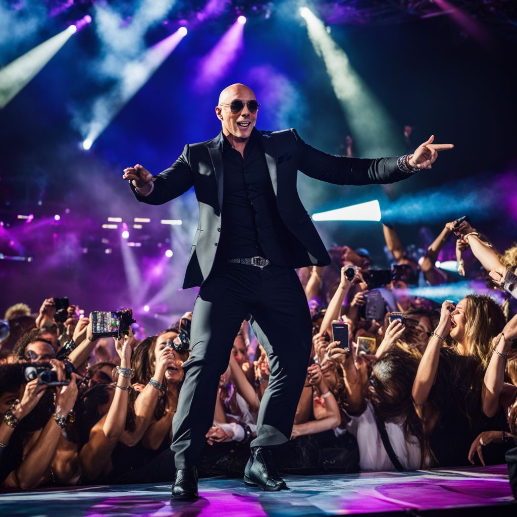 Pitbull performing on stage with cheering fans in vibrant concert.