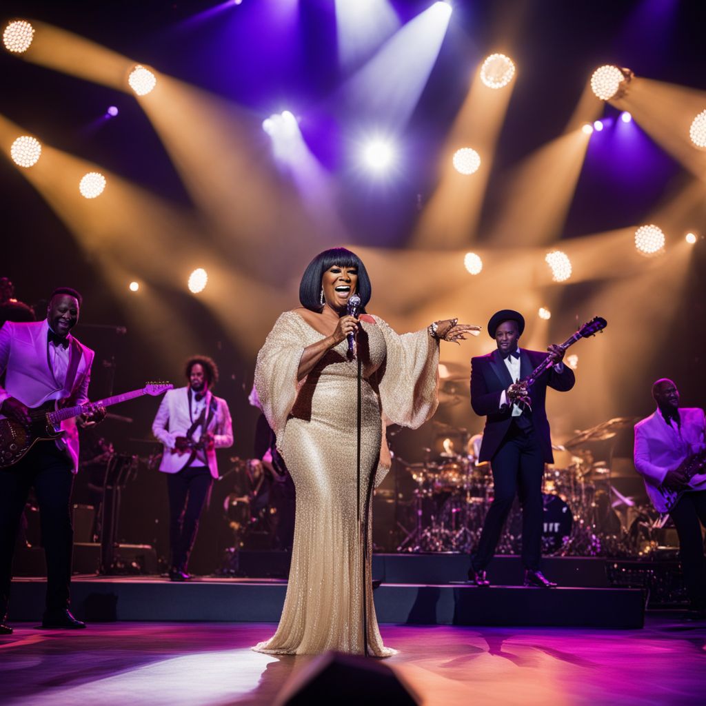 Patti LaBelle performing on stage with a band in a bustling concert atmosphere.