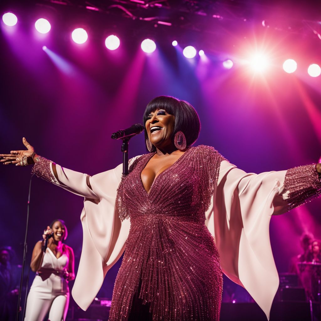Patti LaBelle performing on stage with a lively crowd.