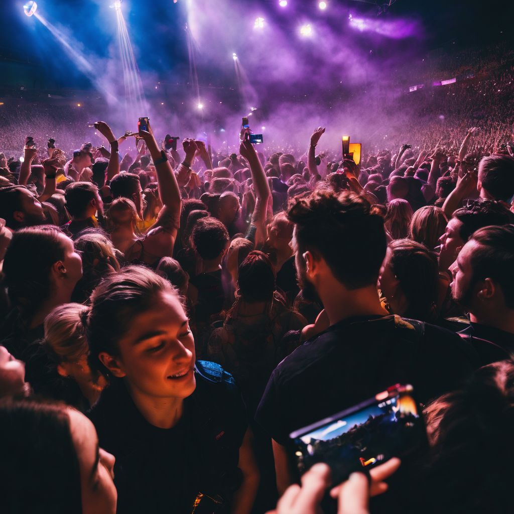 A crowded Post Malone concert with diverse fans and vibrant atmosphere.