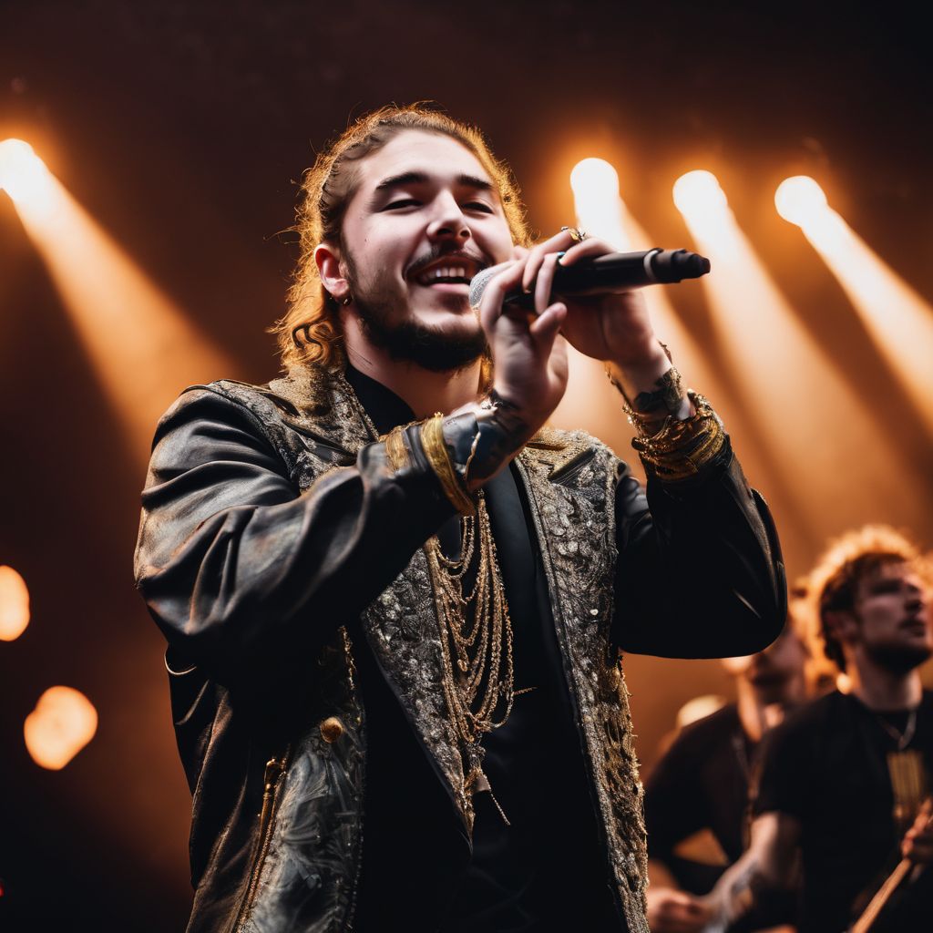 Post Malone performing on stage in front of a cheering crowd.
