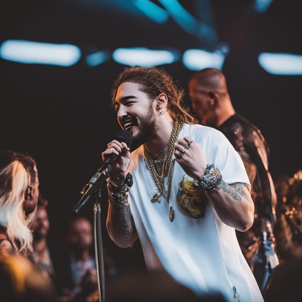 Post Malone performing at a music festival with detailed expressions.