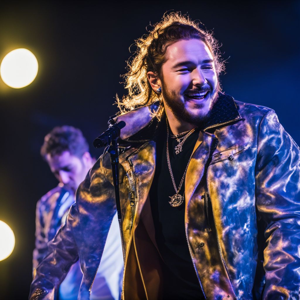 Post Malone performing at a music festival with high energy.