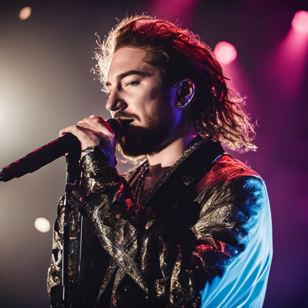 Post Malone performing at a packed concert venue with a cheering crowd.