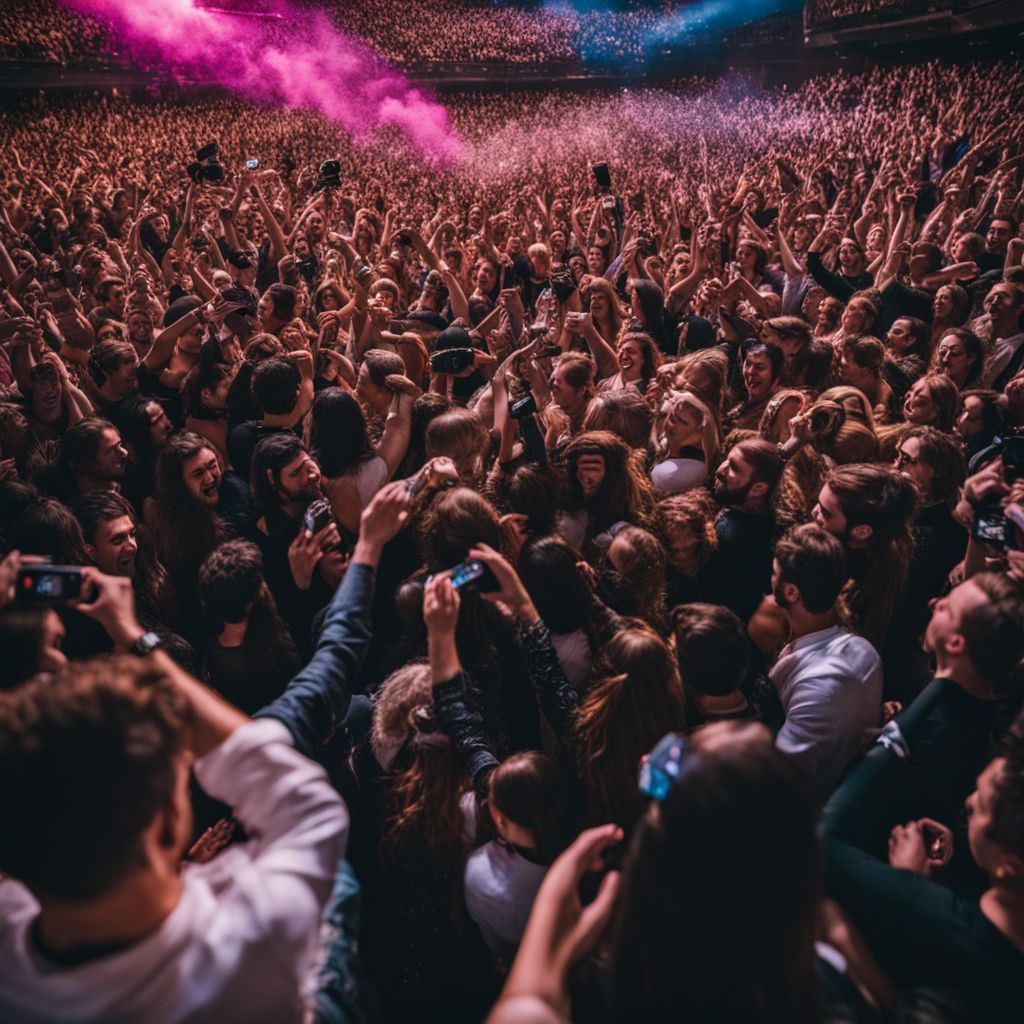 A crowded concert venue with fans waving their Post Malone tour tickets.