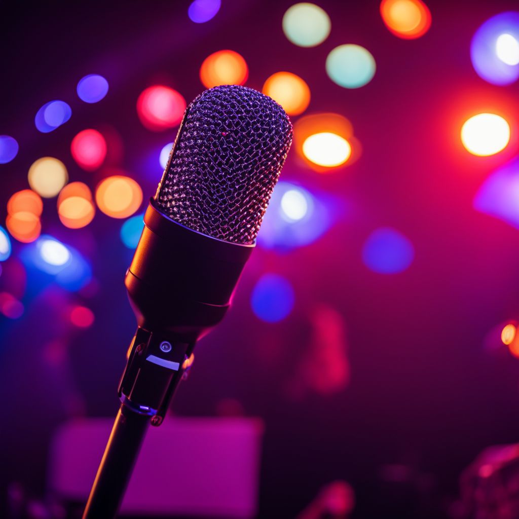 A microphone stand surrounded by colorful stage lights at a concert.