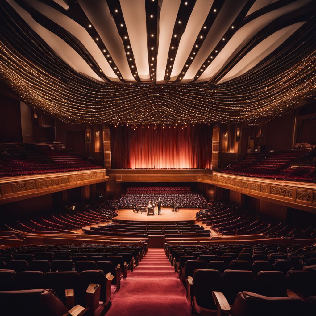 An empty grand concert hall with stage lights and seats.