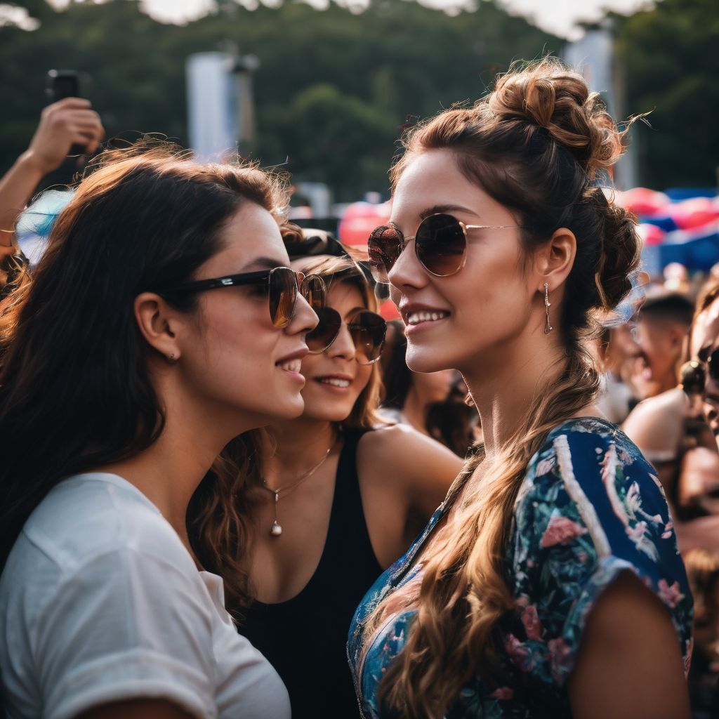 A diverse crowd dances at a Peso Pluma concert in vibrant cityscape.